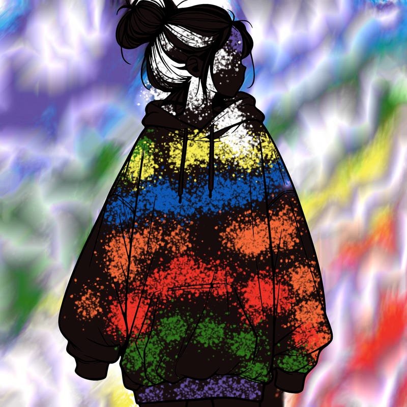 realistic girl with a oversized sweatshirt on and a bun