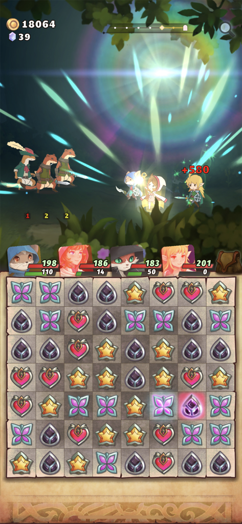 Hero Emblems II gameplay showing a match-3 puzzle board and heroes engaging in a JRPG battle with magic effects