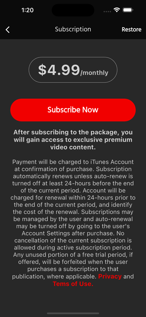RATV Network - RATV Network subscription screen showing monthly price of four dollars and ninety nine cents and a red subscribe now button