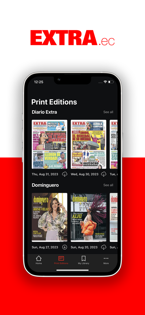 Interfaz de la aplicación móvil Diario Extra mostrando ediciones impresas digitales del periódico ecuatoriano.