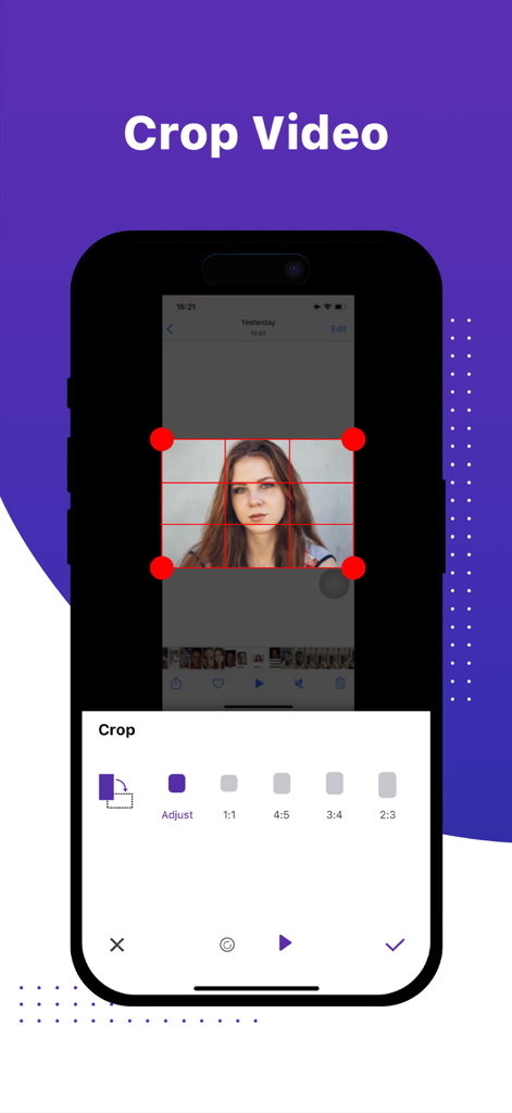 Screen recorder: Record now! - Interfaz de la aplicación Graba ahora que muestra una herramienta de recorte de video con múltiples opciones de relación de aspecto para redes sociales.
