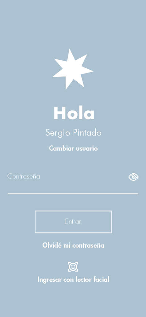 Azimut México - Anmeldebildschirm der Azimut Mexico App mit einer personalisierten Begrüßung für Sergio Pintado und einer Gesichtserkennungs-Anmeldefunktion
