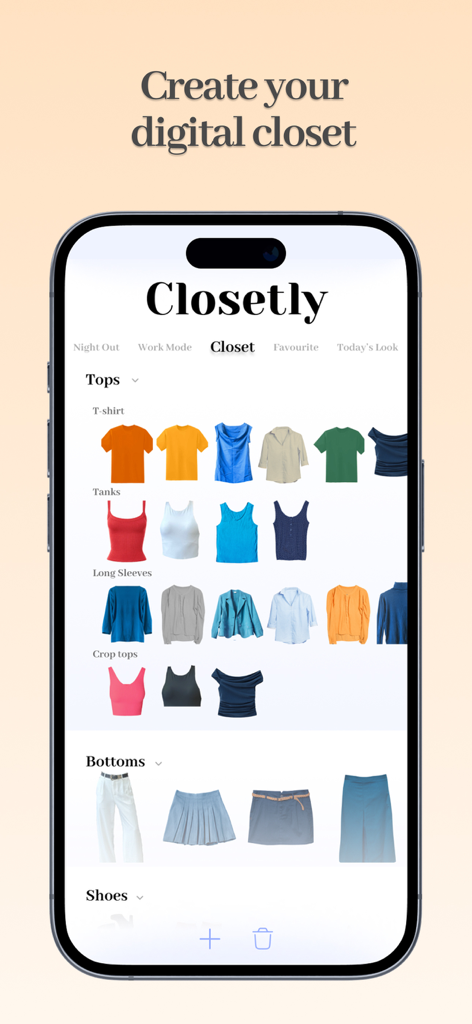 Closetly - AI Wardrobe Stylist - A smartphone screen showing the Closetly app interface with a digital closet organizing various tops and bottoms into categories