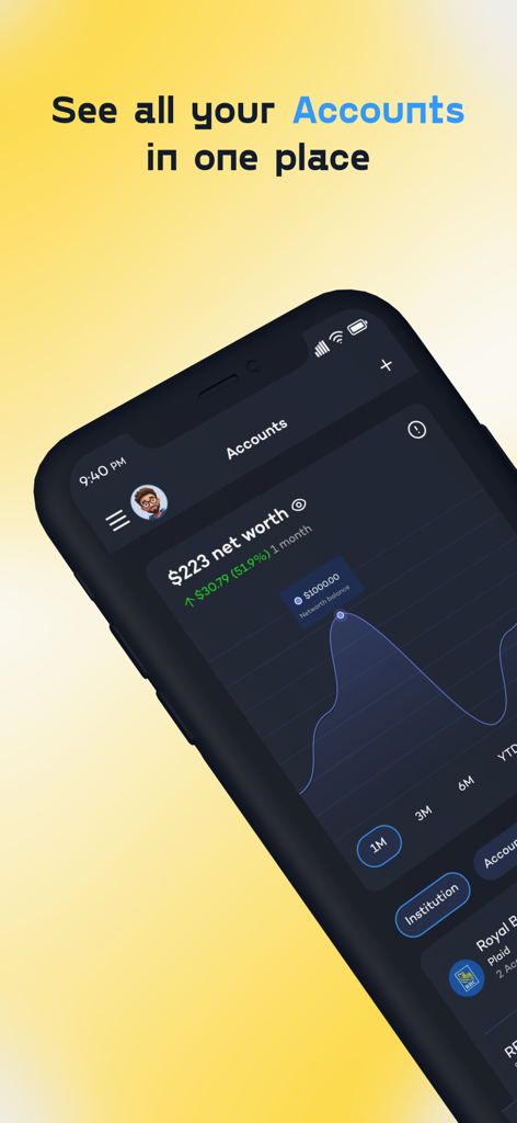 Interfaccia dell'app Budgety che mostra il monitoraggio del patrimonio netto e i conti finanziari consolidati