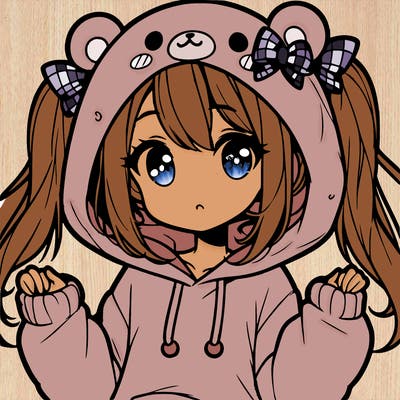 cute anime girl with ponytails and a cute bear hoodie