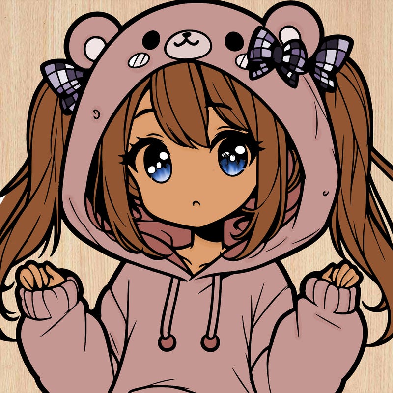cute anime girl with ponytails and a cute bear hoodie