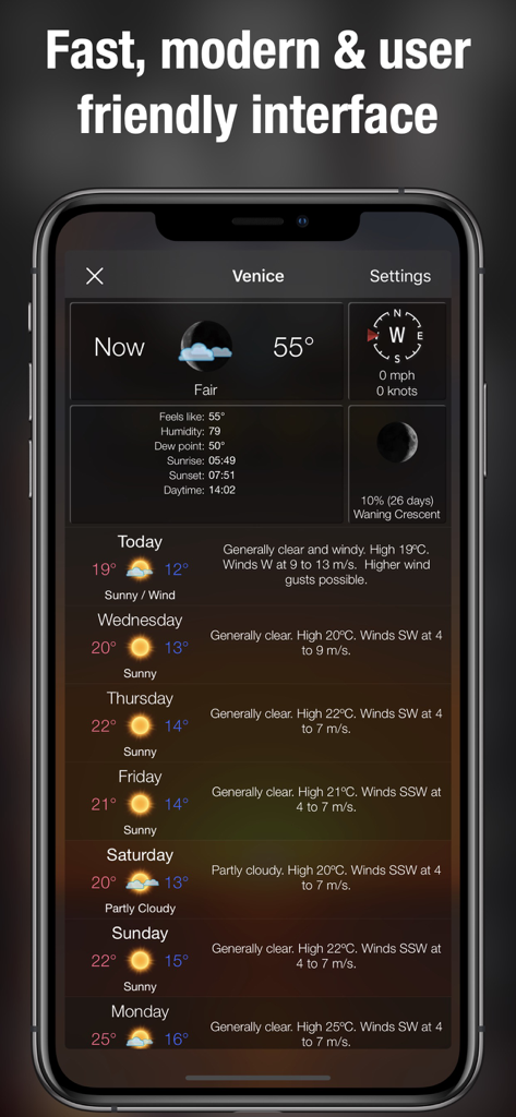 Living Weather HD Live app showing a detailed weekly weather forecast for Venice