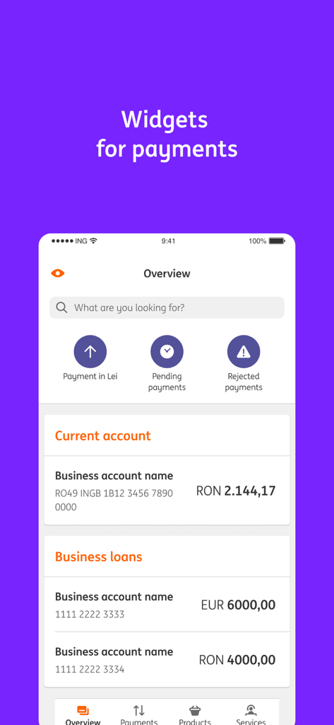Panel de la aplicación móvil ING Business Pro mostrando widgets de pago y saldos de cuentas empresariales