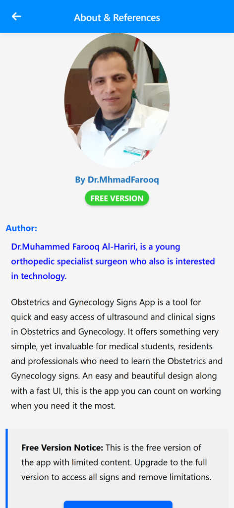 Gynecology & Obstetrics Signs - Pantalla 'Acerca de' y 'Referencias' de la aplicación Signos de Ginecología y Obstetricia con la biografía del autor y un aviso de versión gratuita