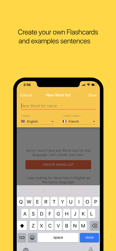Vocabulary Miner - Interface of the Vocabulary Miner app showing the creation of a new custom word list from English to French