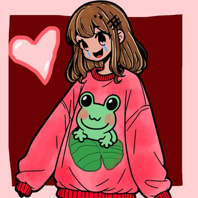 girl wearing frogging sweatshirt