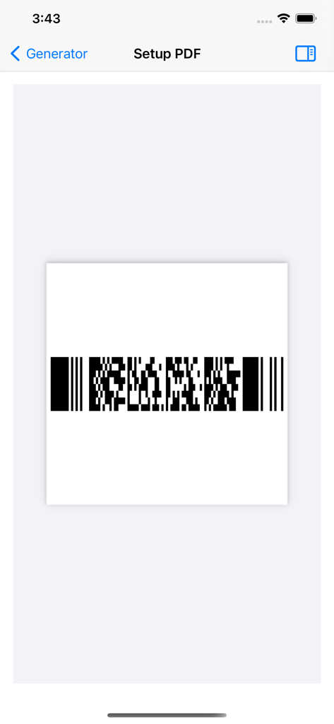 PDF417 DECO - PDF417 DECOモバイルアプリケーションのセットアップ画面に生成されたPDF417バーコードが表示されています