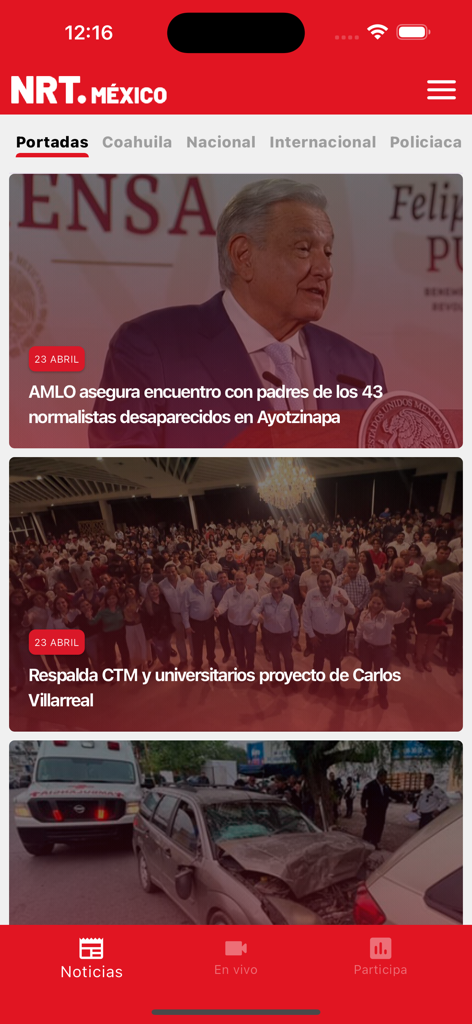 NRT México - Pantalla de inicio de la app NRT Mexico mostrando el feed de noticias con titulares nacionales y locales de Coahuila