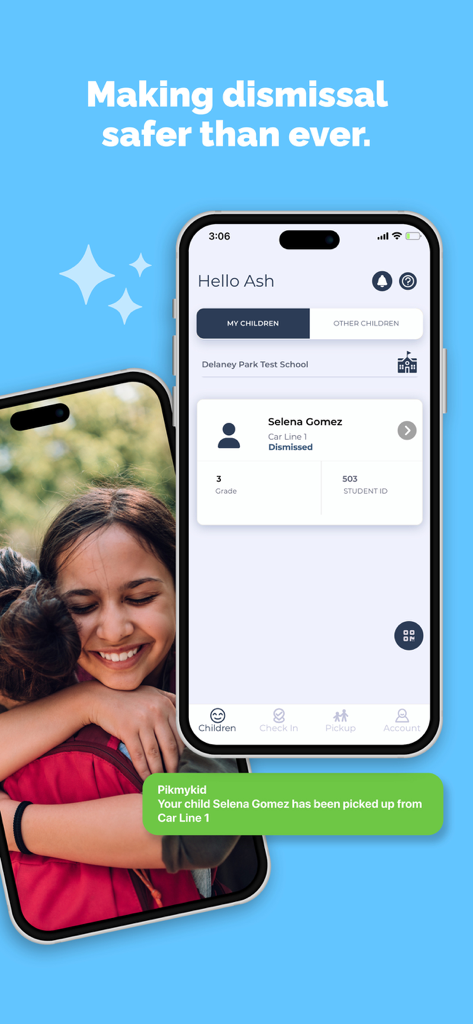 Pikmykid Parent app screen showing a safe school pickup notification