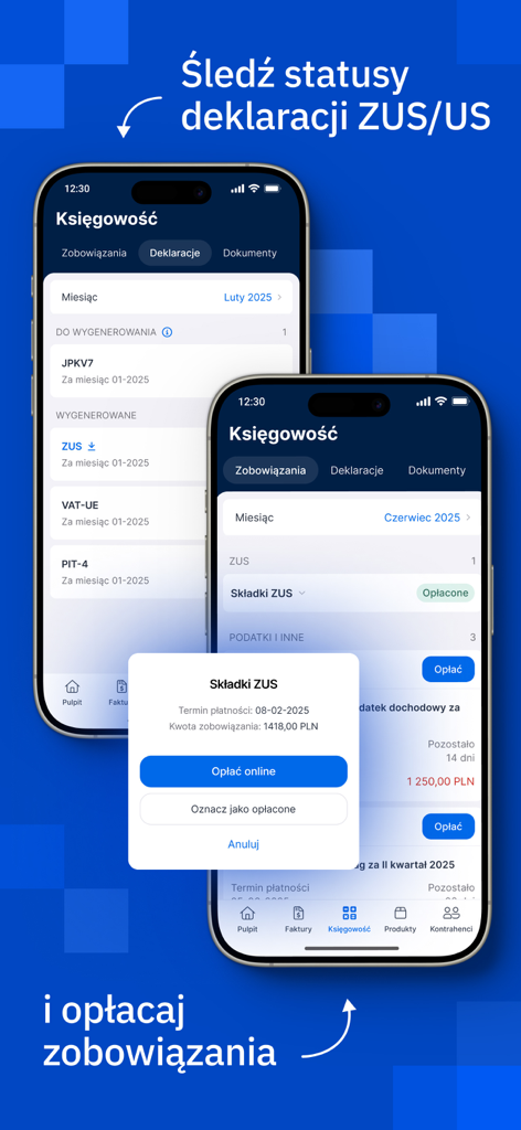 Écrans d'application mobile montrant le suivi et le paiement des déclarations fiscales et ZUS polonaises.