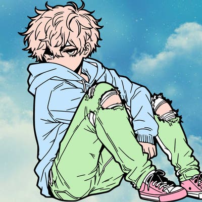 a male hoddie ripped jeans messy hair anime