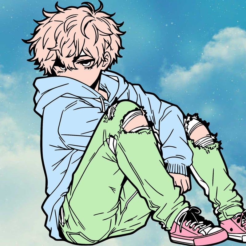 a male hoddie ripped jeans messy hair anime