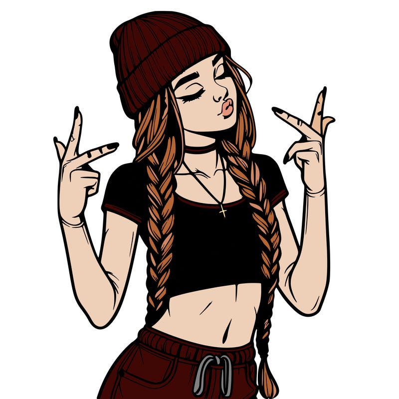 realistic teenage girl with braids and a beanie and crop top doing 🫶🏼