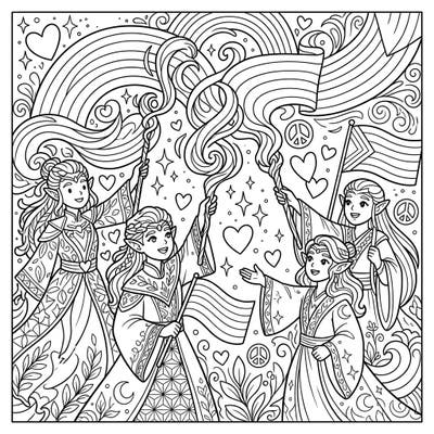 Celebrate love and magic with this enchanting coloring page featuring five joyful Elven Mages embracing Pride Month. Immerse yourself in a world of fantasy filled with rainbows, hearts, and powerful arcane energies.