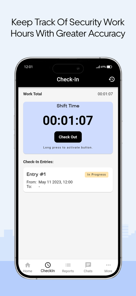 Security Guard App interface showing the shift time clock and check-in entries for accurate work hour tracking.