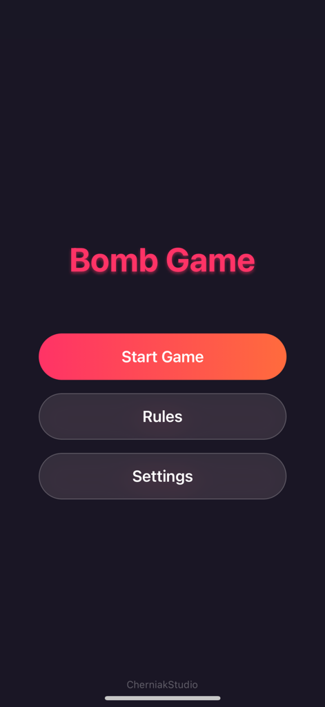 Bomb - Party Game - L'écran du menu principal de l'application Bomb Party Game avec les boutons Démarrer le jeu, Règles et Paramètres