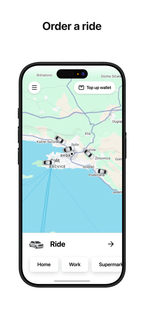 Brko - Croatian Taxi App - Interface of the Brko taxi app showing available cars on a map of Split Croatia for booking a ride