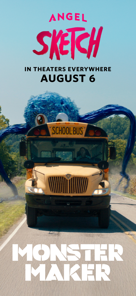 A giant blue monster with long arms following a yellow school bus promoting the Sketch movie release