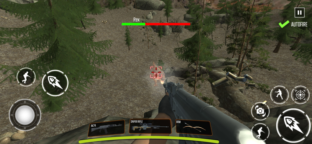 Dino Hunter - dinosaur games - Jugabilidad de disparos en primera persona apuntando a un T-Rex en un entorno boscoso