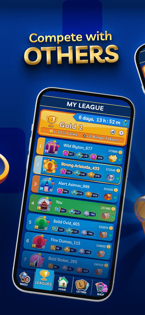 Lingo - official word game - 링고 단어 게임 앱의 골드 2 리그 순위표를 보여주는 모바일 화면