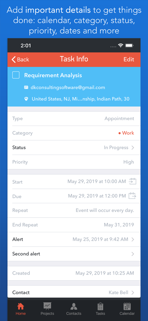 Task Office: to-do, calendar - Task Office app screen showing detailed task information including status priority and scheduling details