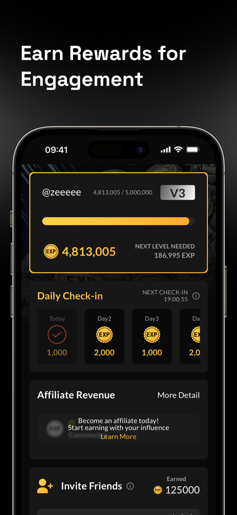 SoSoValue app interface showing the EXP reward center with daily check-in progress and referral program.