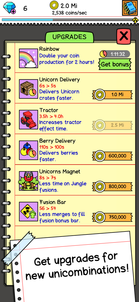 Menu des améliorations en jeu pour Unicorn Evolution Simulator présentant des illustrations de style esquisse de divers bonus de jeu