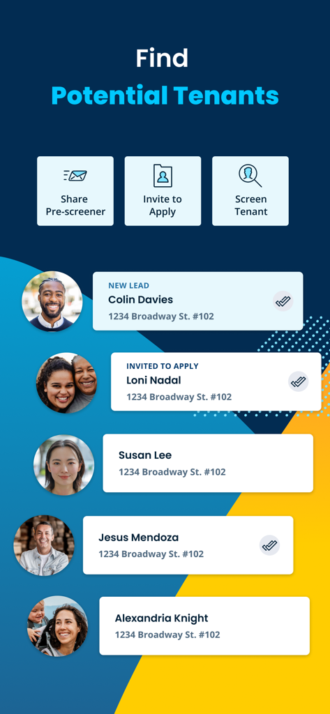 TurboTenant App-Bildschirm, der eine Liste potenzieller Mieter und Prüftools anzeigt