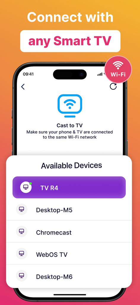 Projector: All TV Remote App - Interfaz de la aplicación Proyector que muestra una lista de dispositivos de Smart TV disponibles para transmisión de pantalla