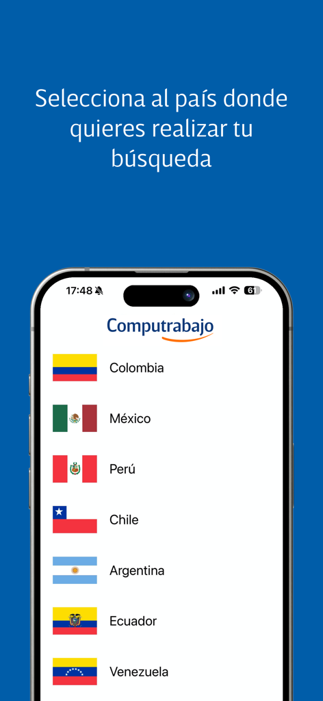 Computrabajo - Screen in the Computrabajo app to select a country for job searching with flags and names of Latin American countries