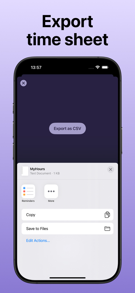 Shift Tracker: Work Hours Log - A mobile screen showing the export timesheet feature in the Shift Tracker app with a CSV export option and iOS sharing menu