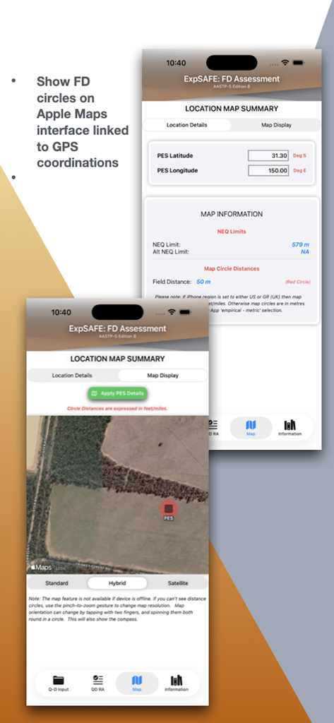 AASTP-5: FD Companion - Screenshot of the AASTP-5 app showing location map summary and GPS coordinates for explosive site assessment