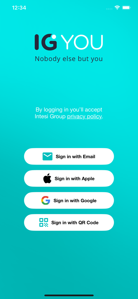 IG YOU - Schermata di accesso IG YOU con opzioni per email, Apple, Google e codice QR.