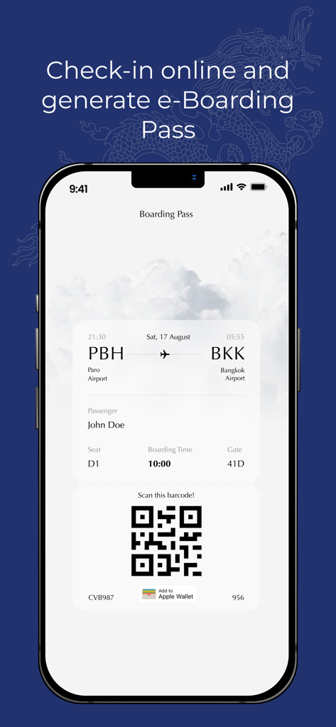 Drukair mobile app screen showing a digital boarding pass with a QR code