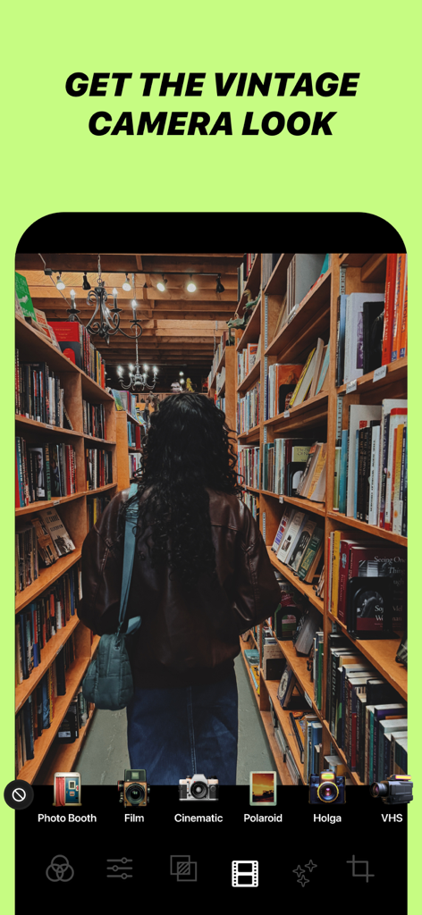 ISM app interface displaying vintage camera filters and a retro style photo of a person in a library
