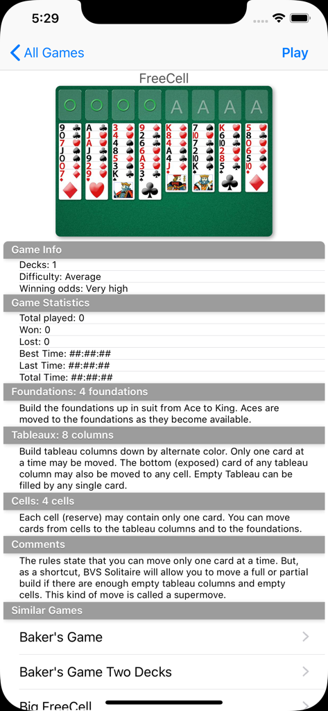 BVS Solitaire Collection - FreeCell game rules and statistics screen in the BVS Solitaire Collection app