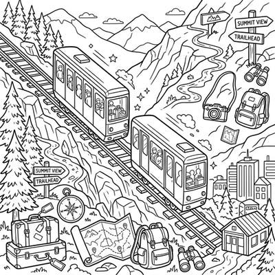 Get ready for an exciting mountain adventure with this detailed funicular coloring page, perfect for anyone dreaming of a scenic getaway. Explore the journey up and down the slopes, surrounded by all the essentials for a memorable vacation.
