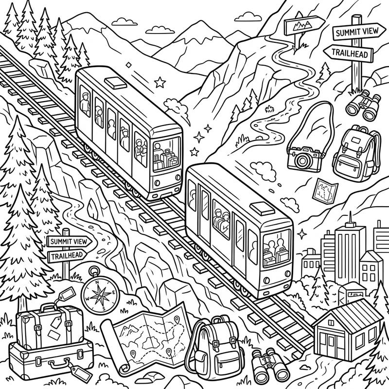 Get ready for an exciting mountain adventure with this detailed funicular coloring page, perfect for anyone dreaming of a scenic getaway. Explore the journey up and down the slopes, surrounded by all the essentials for a memorable vacation.