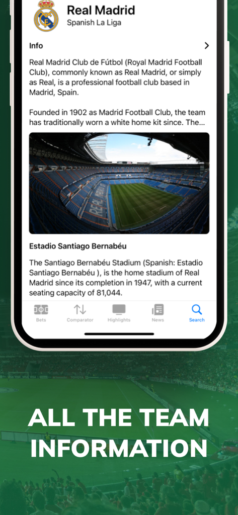 Sport Bet Tips Match - BetAll - BetAll app screen showing detailed Real Madrid team information and stadium details for football betting
