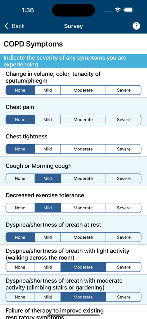 Pantalla de la aplicación COPD Manager que muestra una encuesta diaria de seguimiento de síntomas con opciones de gravedad para síntomas respiratorios.