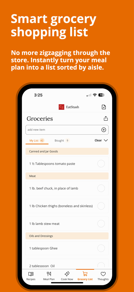 EatStash app interface showing a smart grocery shopping list automatically sorted by store aisle categories.