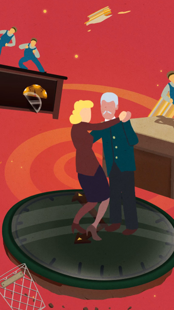 Homo Machina - The director and Josiane dancing on a giant clock platform in Homo Machina