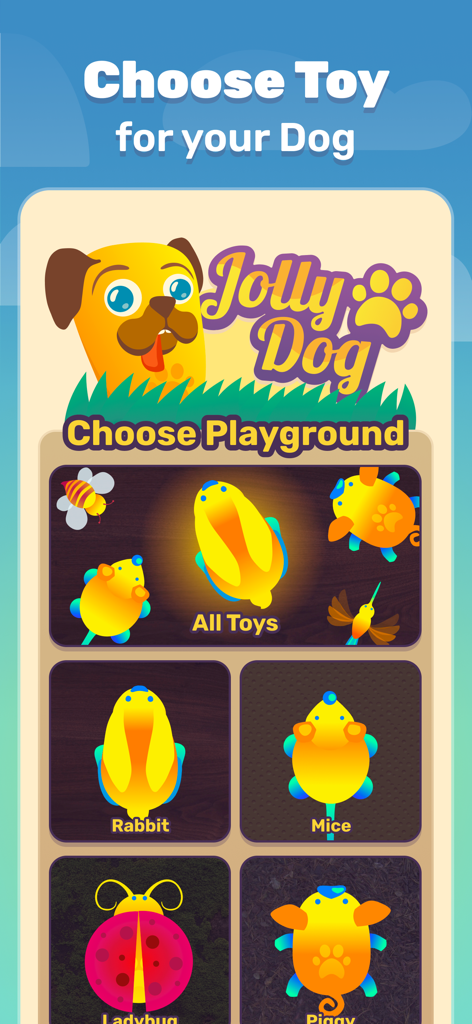 Jolly Dog: Game For Pets - A toy selection screen in the Jolly Dog app featuring colorful animated animals like a rabbit and mice for pets to chase.