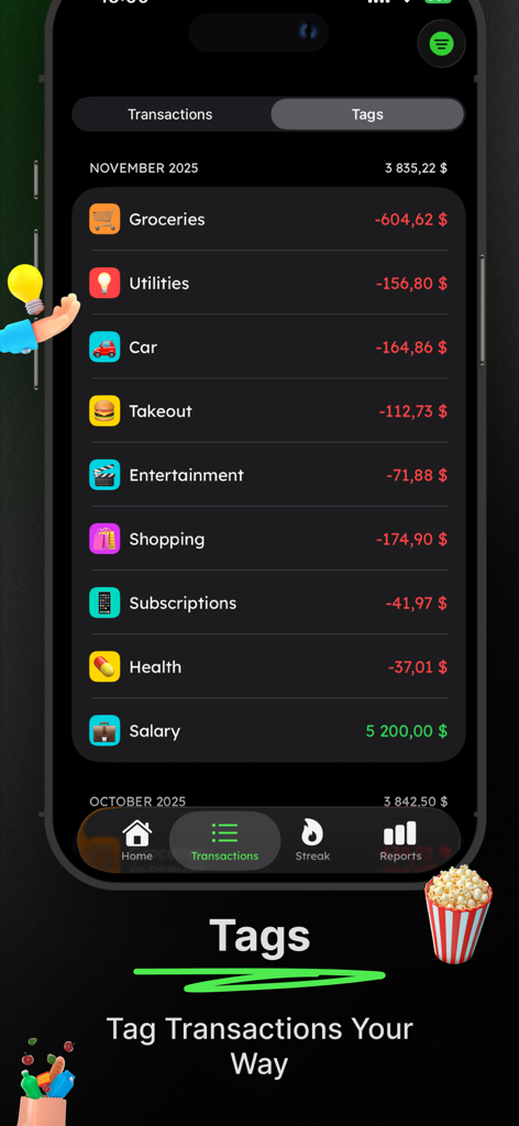 Spending Tracker: Cashscreen - Mobile interface of Cashscreen spending tracker showing transactions organized by category tags