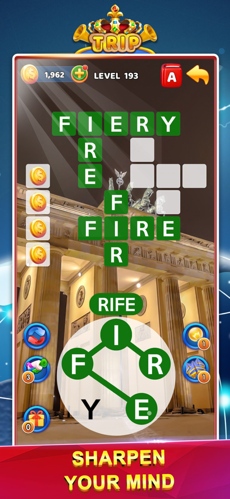 Word Trip Connect Puzzle Games - Word puzzle game interface showing a crossword grid over a city landmark